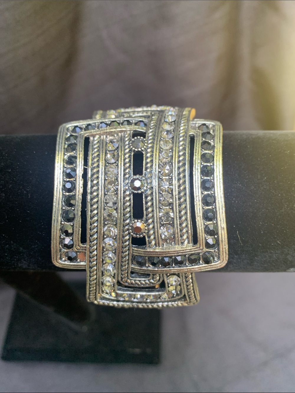 Crystal-Accented Geometric Statement Cuff Bracelet - Black & Silver